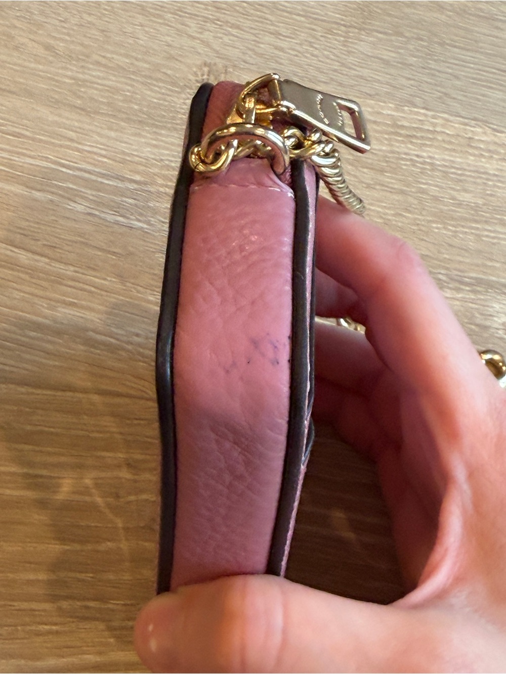 Coach Rose Pink Pebbled Leather Card Holder with Gold Chain - Picture 6 of 10